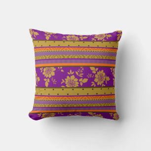 Boho Chic Purple Orange Floral Stripes Pattern Cushion