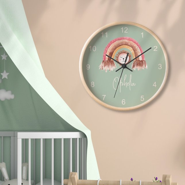 Boho Chic Rainbow Lion Baby Name Sage Green Clock (Creator Uploaded)