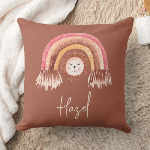 Boho Chic Rainbow Lion Baby Name Terracotta Cushion