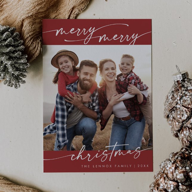 Boho Chic Red Family Photo Cute Christmas Holiday Card (Creator Uploaded)
