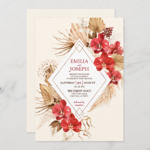Boho chic red gold Frame & red Orchid fall Wedding Invitation
