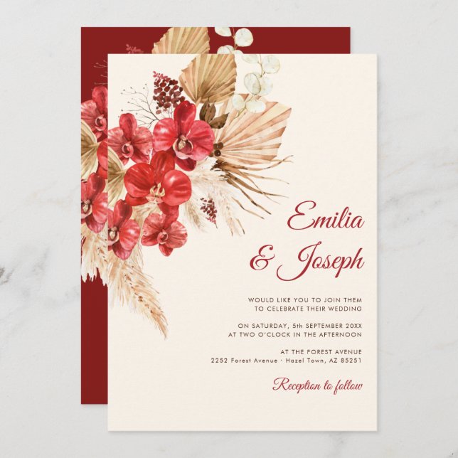 Boho chic red orchid fall custom Wedding Invitatio Invitation (Front/Back)