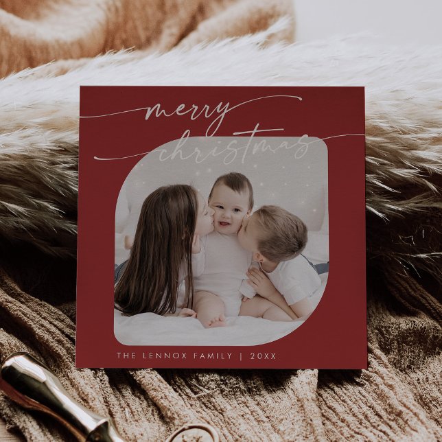 Boho Chic Red Photo Cute Family Christmas Holiday Card (Creator Uploaded)