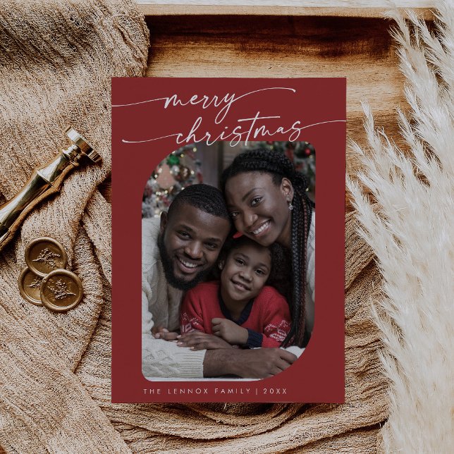 Boho Chic Red Photo Cute Merry Christmas Holiday Card (Creator Uploaded)