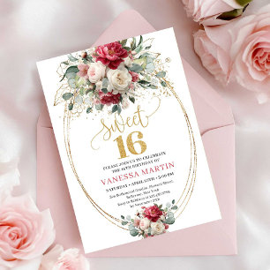 Boho Chic Red White Gold Floral Sweet 16 Birthday Invitation