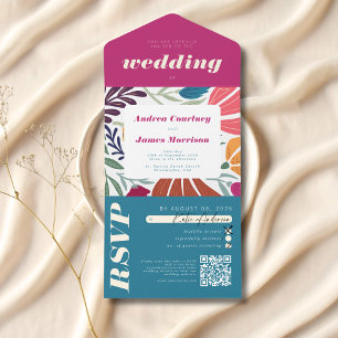 Boho Chic Retro Bright Floral Colourful Wedding All In One Invitation