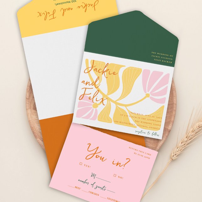 Boho Chic Retro Bright Floral Colourful Wedding  All In One Invitation (Boho Chic Retro Bright Floral Colorful Wedding All In One Invitation)