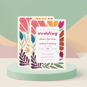 Boho Chic Retro Colourful Floral Wedding  Invitation