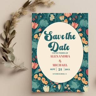 Boho Chic Retro Colourful Floral Wedding  Save The Date