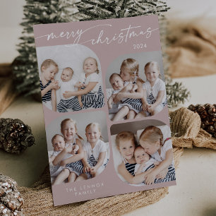 Boho Chic Rose Pink Family Multi Photo Christmas Holiday Card