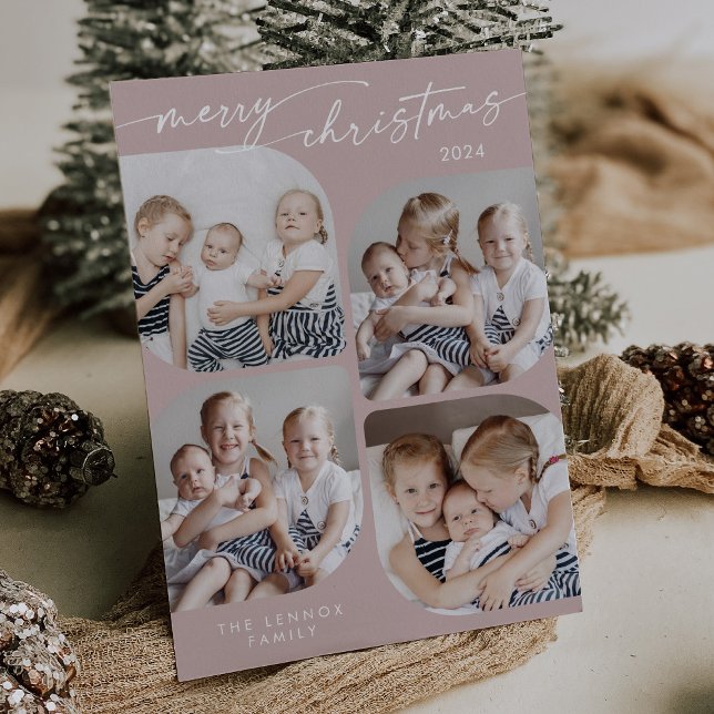 Boho Chic Rose Pink Family Multi Photo Christmas Holiday Card (Creator Uploaded)