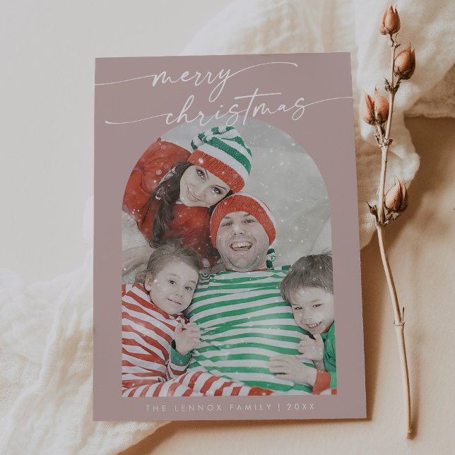 Boho Chic Rose Pink Fun Family Photo Christmas Holiday Card (Creator Uploaded)