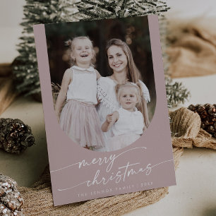 Boho Chic Rose Pink Photo Boho Family Christmas Holiday Card
