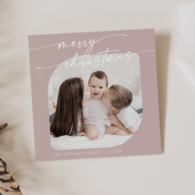 Boho Chic Rose Pink Photo Cute Family Christmas Holiday Card (Creator Uploaded)
