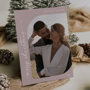 Boho Chic Rose Pink Photo Simple Merry Christmas Holiday Card