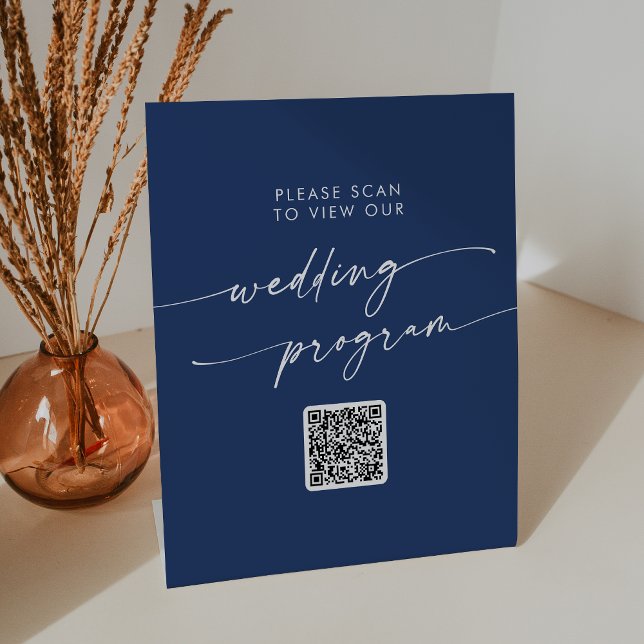 Boho Chic Royal Blue QR Code Wedding Program Pedestal Sign (Creator Uploaded)