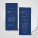 Boho Chic Royal Blue Thank You and Wedding Menu<br><div class="desc">This boho chic royal blue thank you and wedding menu is perfect for a minimalist wedding. The bold dark blue modern bohemian design features simple rustic calligraphy with a unique yet classic style. Personalise the back of your menu table card with a thoughtful thank you note to your guests, friends...</div>
