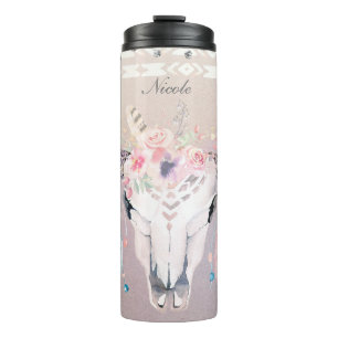 Boho Chic Rustic Cow Skull Floral Bohemian Custom Thermal Tumbler