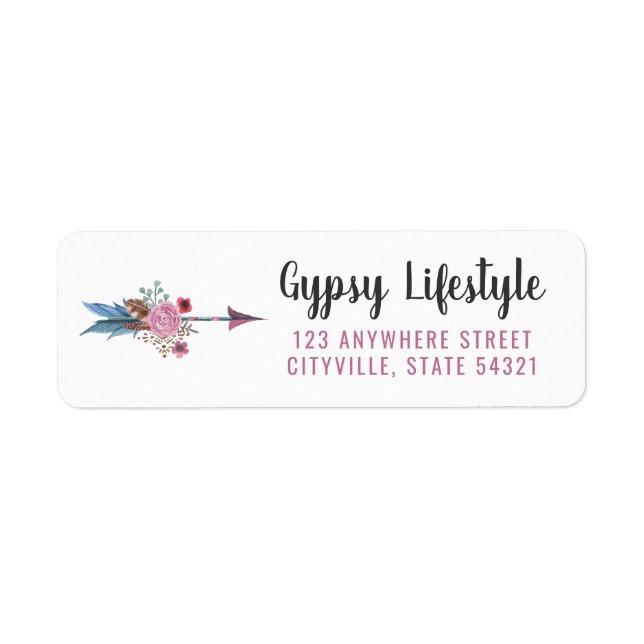 Boho Chic Rustic Feather Arrow Pink Return Address Label (Front)