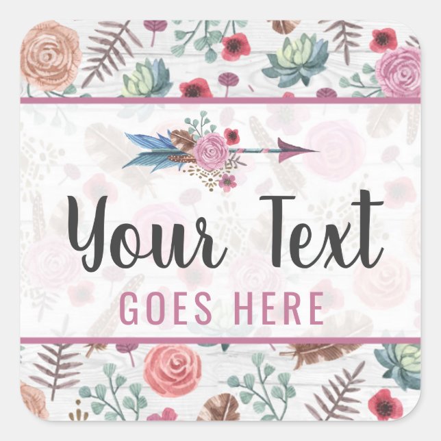 Boho Chic Rustic Feather Arrow Watercolor Bohemian Square Sticker (Front)