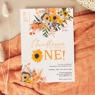 Boho chic rustic orange sunflowers 1st birthday invitation