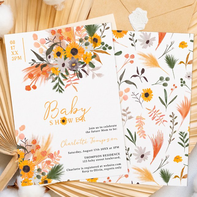 Boho chic rustic orange sunflowers baby shower invitation (Creator Uploaded)