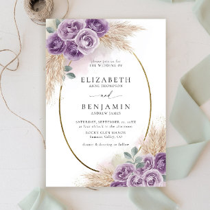 Boho Chic Rustic Purple Oval Gold Elegant Wedding Invitation