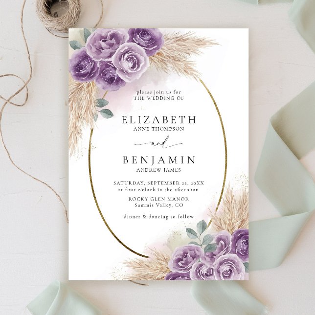 Boho Chic Rustic Purple Oval Gold Elegant Wedding Invitation (boho chic rustic purple wedding invitation watercolor elegant floral frame barn ranch garden)