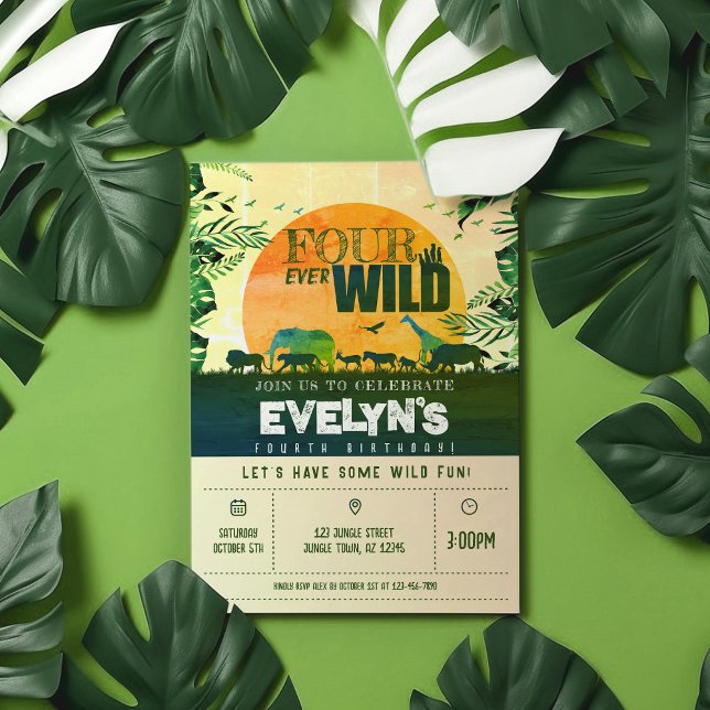 Boho Chic Safari Animals Four Ever Wild Birthday Invitation (Creator Uploaded)