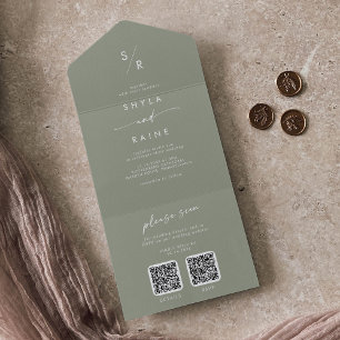 Boho Chic Sage Green Dual QR Code Wedding All In One Invitation