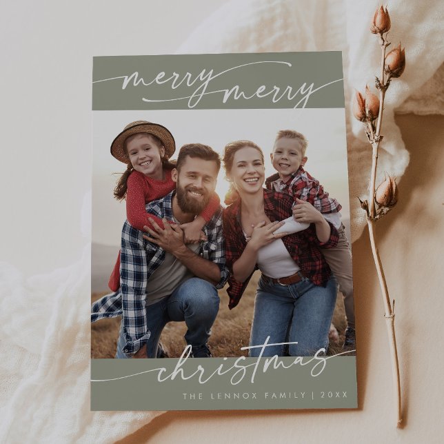 Boho Chic Sage Green Family Photo Cute Christmas Holiday Card (Creator Uploaded)