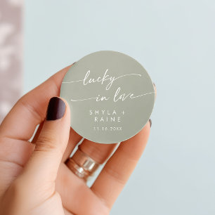 Boho Chic Sage Green Lucky In Love Favour Classic Round Sticker