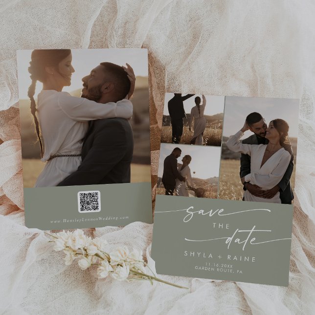 Boho Chic Sage Green Multi Photo QR Code Save The Date (Creator Uploaded)
