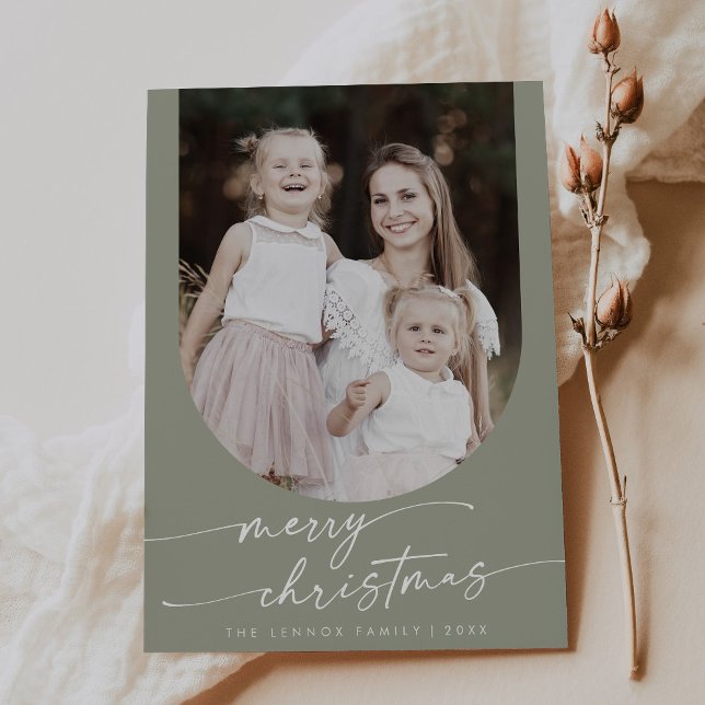 Boho Chic Sage Green Photo Boho Family Christmas Holiday Card (Creator Uploaded)