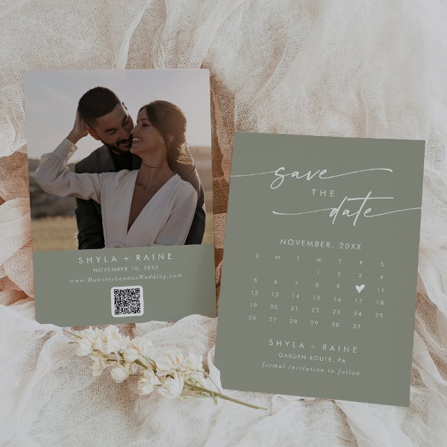 Boho Chic Sage Green QR Code Photo Calendar Save The Date (Creator Uploaded)