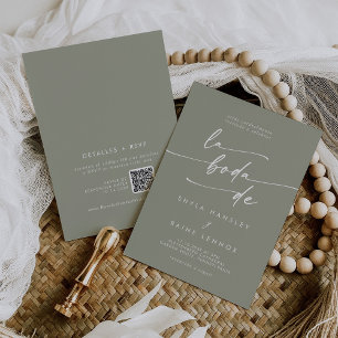 Boho Chic Sage Green QR Code Spanish Wedding Invitation