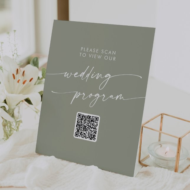 Boho Chic Sage Green QR Code Wedding Program Pedestal Sign (Creator Uploaded)