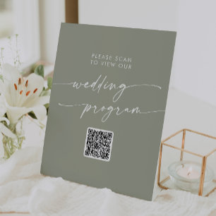Boho Chic Sage Green QR Code Wedding Program Pedestal Sign