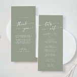 Boho Chic Sage Green Thank You and Wedding Menu<br><div class="desc">This boho chic sage green thank you and wedding menu is perfect for a minimalist wedding. The neutral light green earth tone modern bohemian design features simple rustic calligraphy with a unique yet classic style. Personalise the back of your menu table card with a thoughtful thank you note to your...</div>