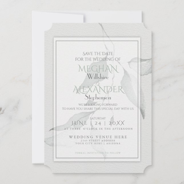 Boho Chic Sage Green Watercolor Branch Save The Date (Front)