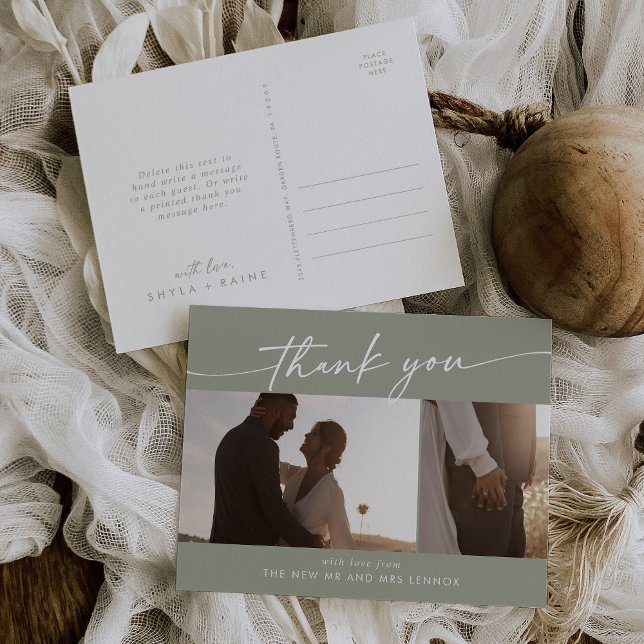 Boho Chic Sage Green Wedding Photo Thank You Postcard (Creator Uploaded)