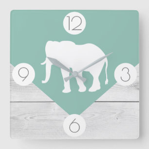 Boho Chic Sage Green & White Wood Print Elephant Square Wall Clock