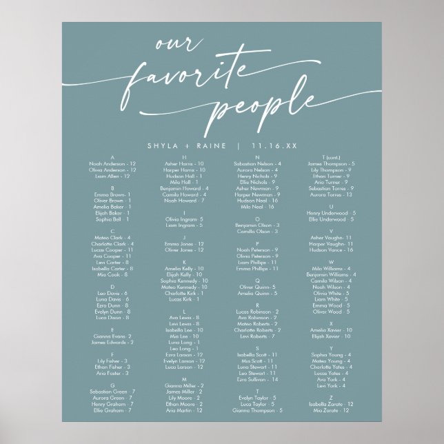 Boho Chic Seafoam Teal Printable Seating Chart (Front)