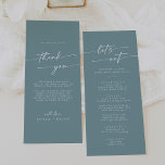 Boho Chic Seafoam Teal Thank You and Wedding Menu<br><div class="desc">This boho chic seafoam teal thank you and wedding menu is perfect for a minimalist wedding. The colourful blue green modern bohemian design features simple rustic calligraphy with a unique yet classic style reminiscent of the beach, ocean and summer seaside. Personalise the back of your menu table card with a...</div>