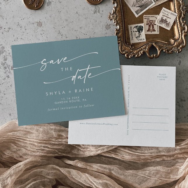Boho Chic Seafoam Teal Wedding Save the Date Invitation Postcard (Creator Uploaded)