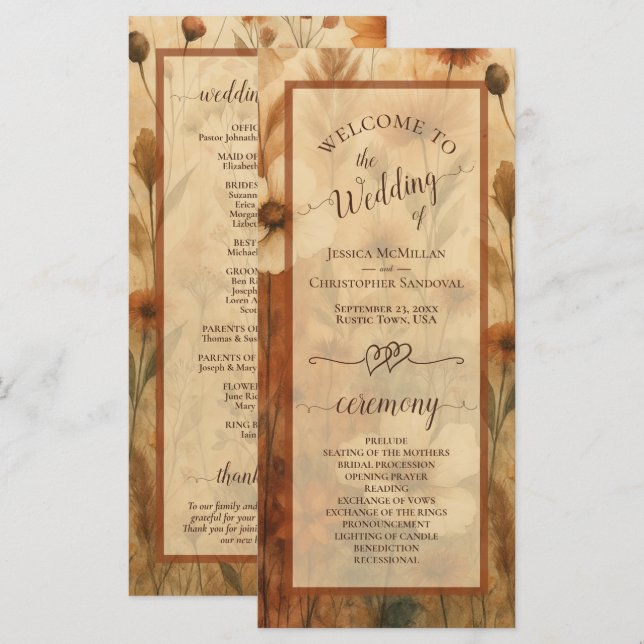 Boho Chic Sienna Wildflowers Elegant Wedding Program (Front/Back)