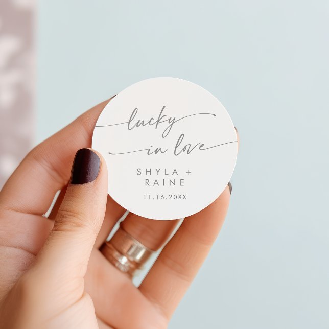 Boho Chic Silver Grey Lucky In Love Favour Classic Round Sticker (Boho Chic Silver Gray Lucky In Love Favor Classic Round Sticker)