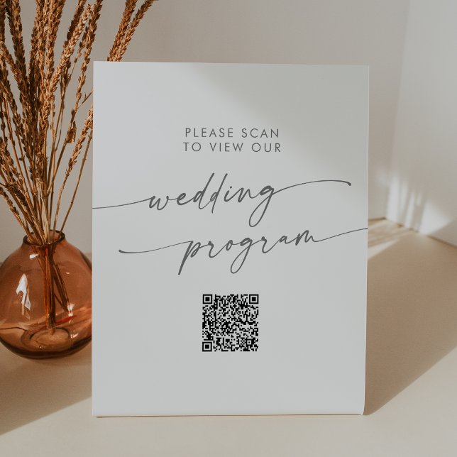 Boho Chic Silver Grey QR Code Wedding Program Pedestal Sign (Creator Uploaded)
