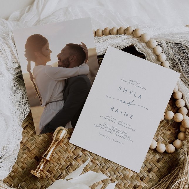 Boho Chic Slate Blue Casual Photo Wedding Invitation (Creator Uploaded)