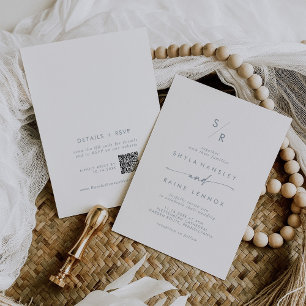 Boho Chic Slate Blue Monogram QR Code Wedding Invitation